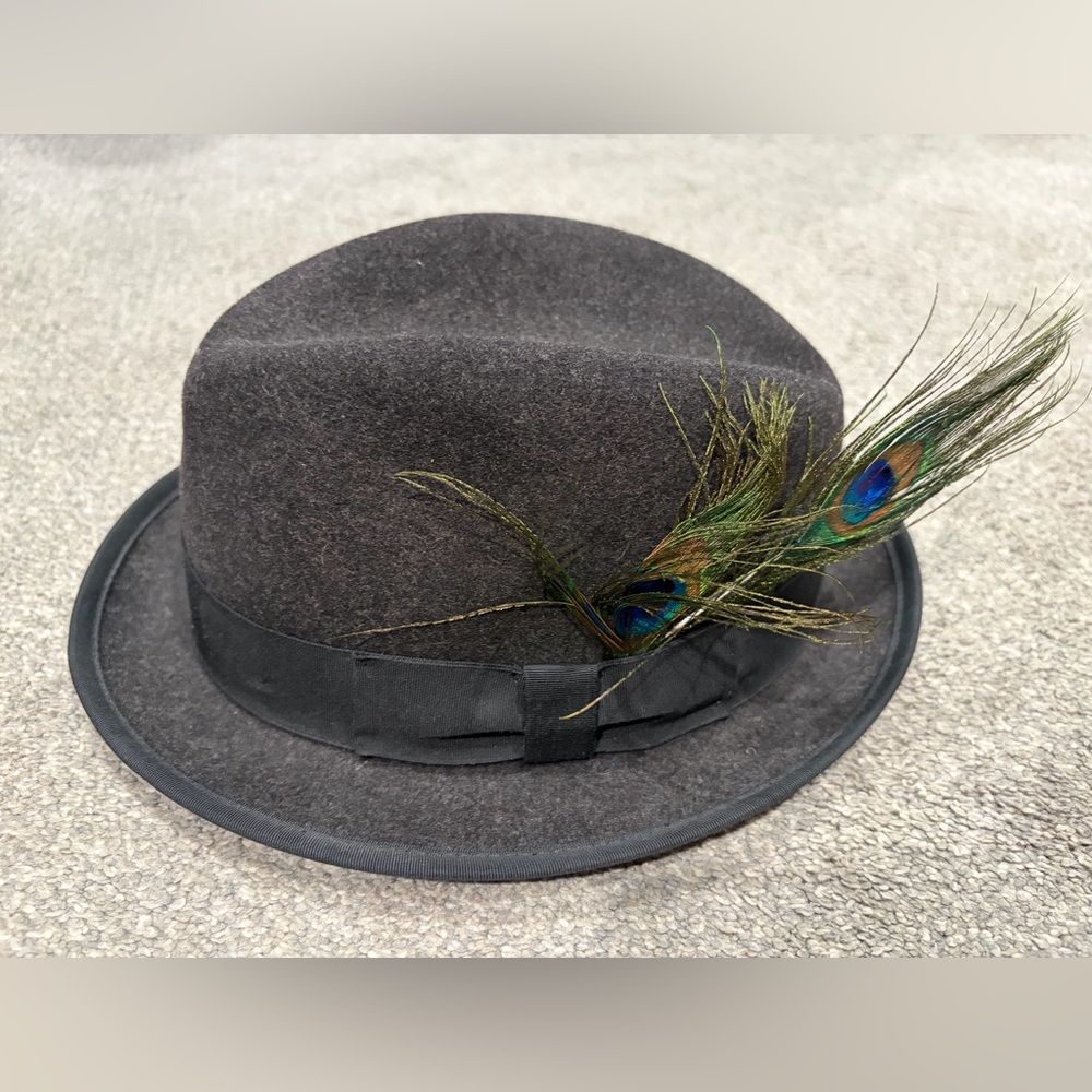Rag & Bone Gray Fedora Hat with Peacock Feather size large l